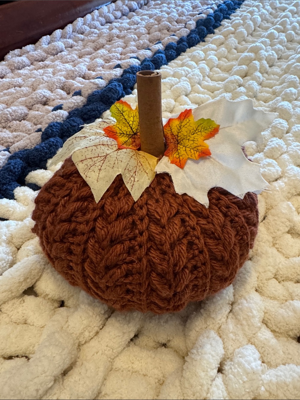 Handmade Chunky Knit Pumpkin with Autumn Leaves